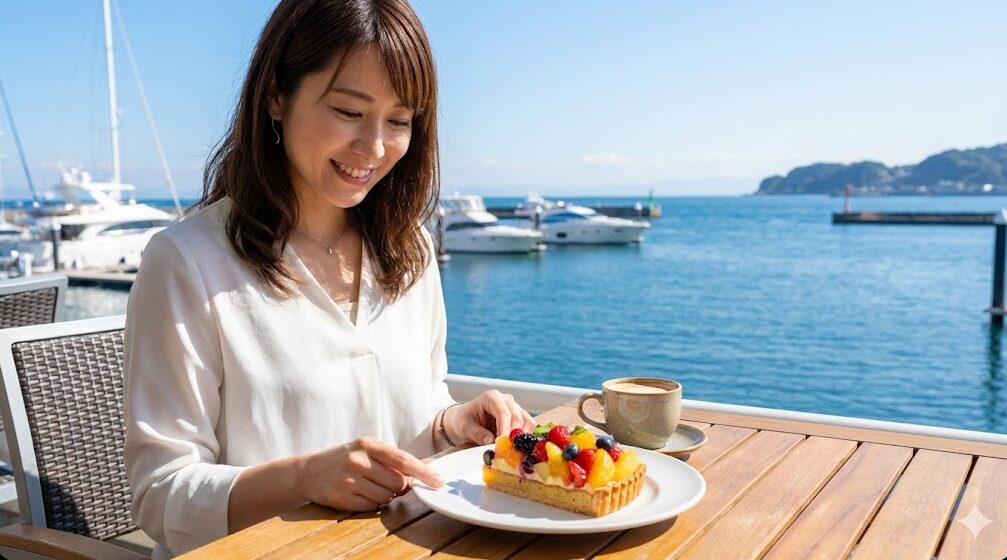 葉山朝市で購入した限定のフルーツタルトとコーヒーを、海を眺めながら楽しむ優雅な朝食の風景。