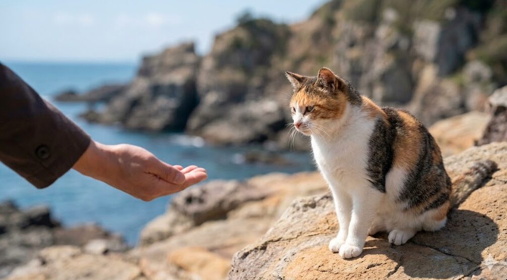 観光客の手と猫の間に適切な距離があり、触れたり餌を与えたりしないようマナーを強調するイメージ。