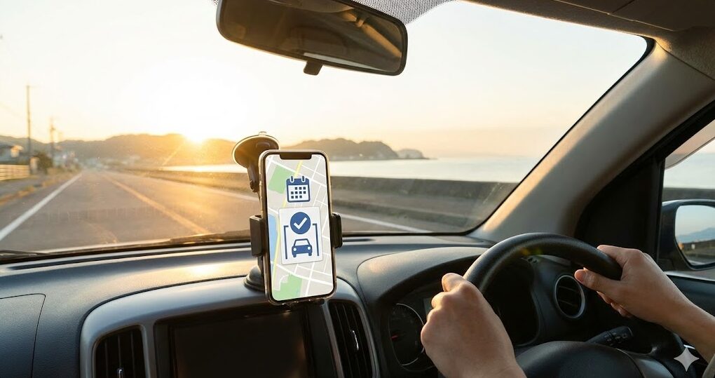 車の運転席から見える、スマートフォンの駐車場予約アプリの画面。初日の出のための事前予約の重要性を示す。