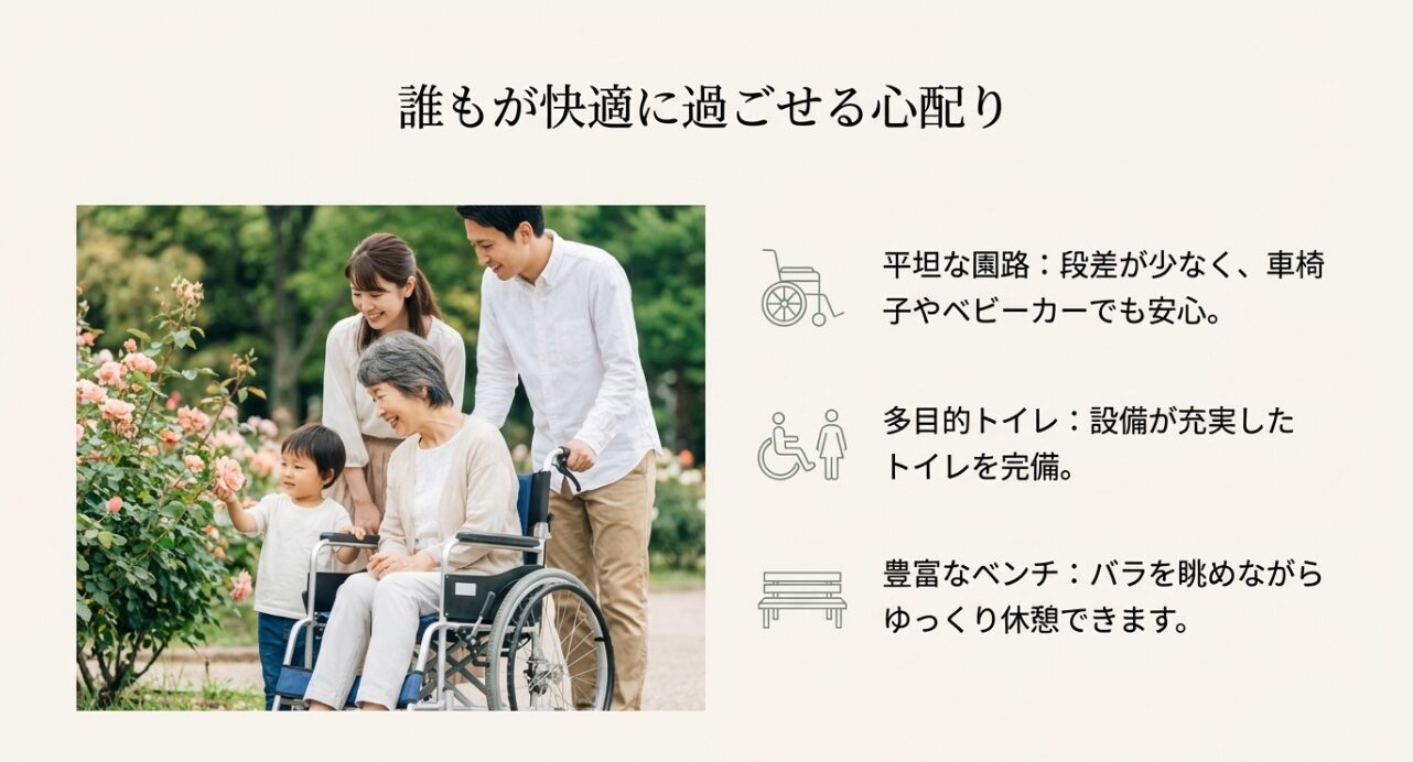車椅子やベビーカーでも安心な平坦な園路、多目的トイレ、休憩用ベンチなどのバリアフリー設備紹介