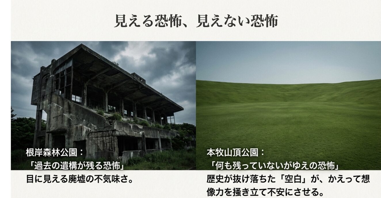 過去の遺構が残る根岸森林公園と、歴史が抜け落ちた空白による本牧山頂公園の恐怖の違いを比較した表