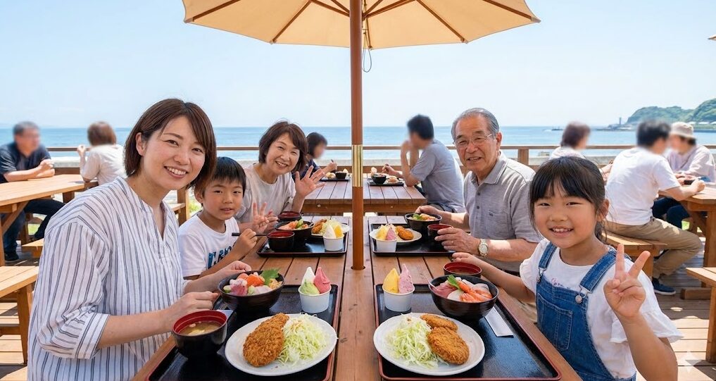 道の駅のテラス席で食事を楽しむ家族連れと、海鮮丼、メンチカツ、アイスなどの人気メニュー