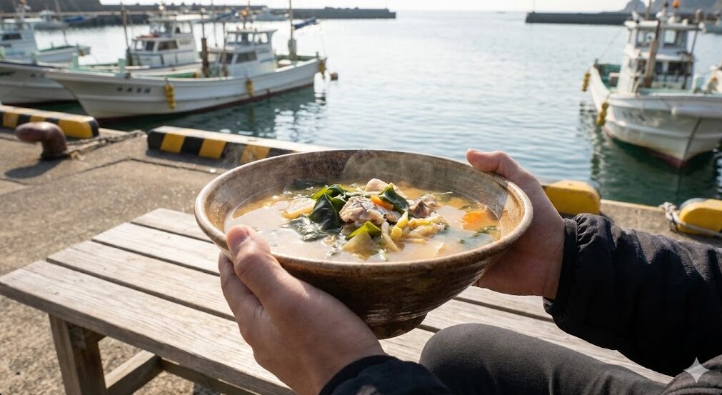 金田湾朝市で漁港の静かな風景の中で提供される、具沢山で温かい漁師の味噌汁。
