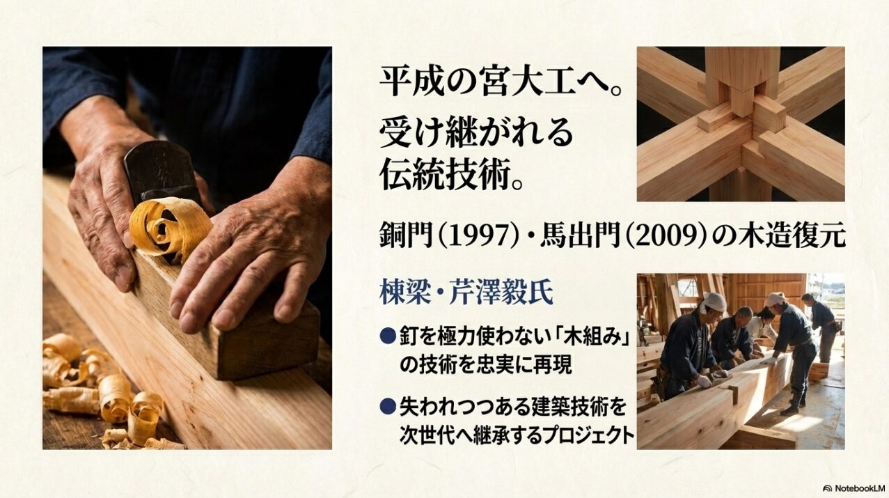 釘を使わない「木組み」の技術や、カンナを使って木材を加工する宮大工の手元を写した写真。
