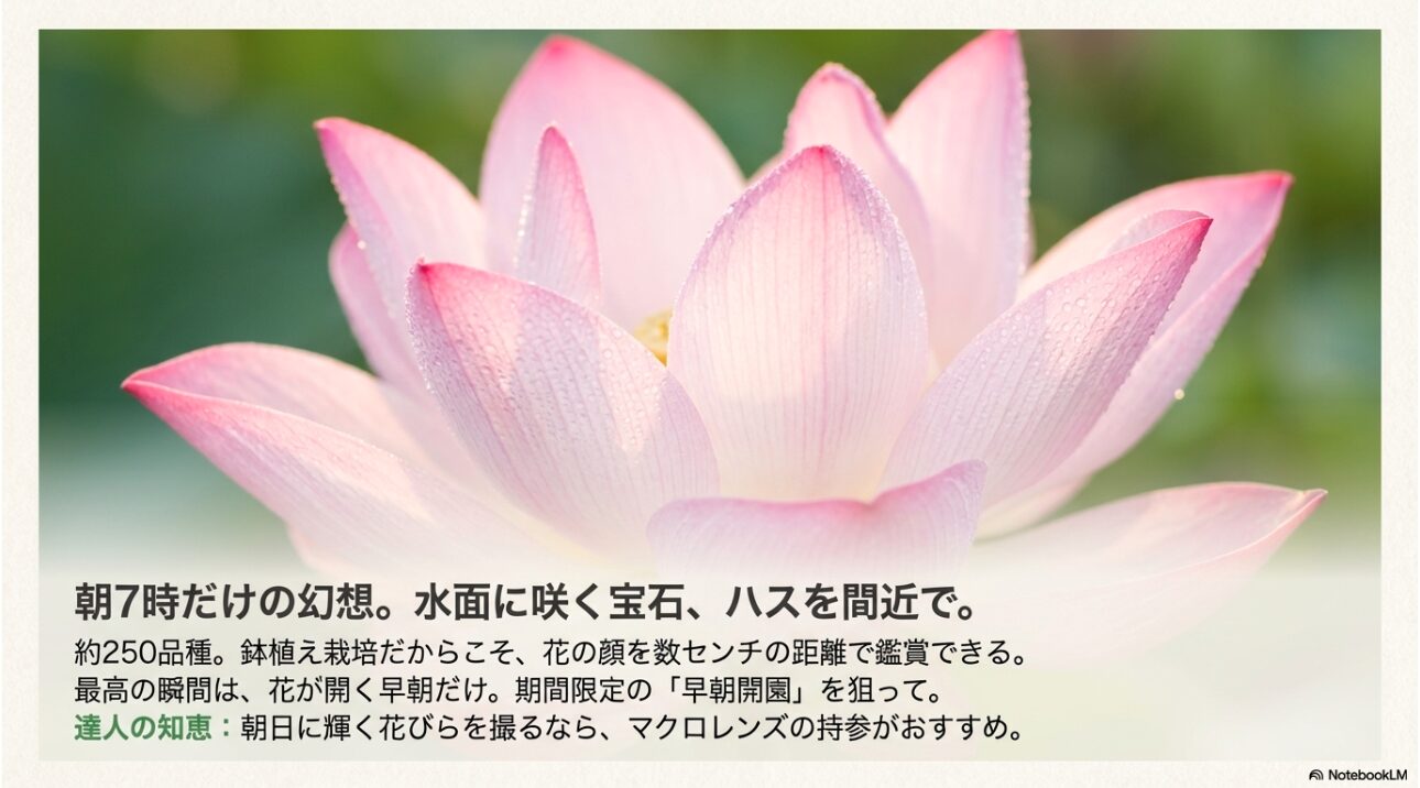 鉢植え栽培により至近距離で鑑賞できる約250品種のハスと早朝開園の案内スライド