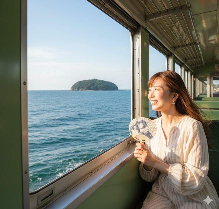 鎌倉と江ノ島を半日で巡る効率的なモデルコース。江ノ電の車窓から海を眺める日本人の女性