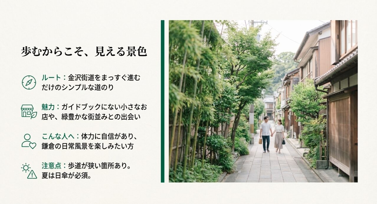 鎌倉の日常風景を感じる金沢街道の街並み。徒歩ルートの魅力と注意点。