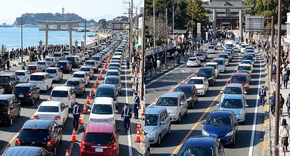 鎌倉や寒川神社周辺で発生する、お正月三が日の深刻な交通渋滞と交通規制を示す道路の様子。車移動の困難さを表現。