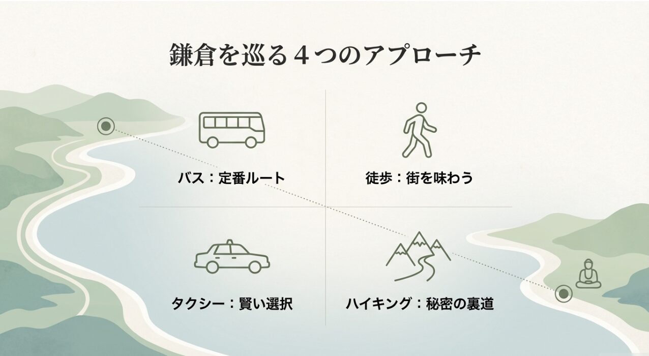 鎌倉を巡る4つのアプローチとして、バス、徒歩、タクシー、ハイキングのアイコンが並んだスライド。