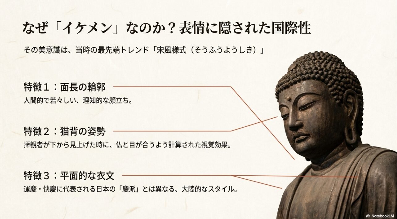 鎌倉大仏がイケメンと呼ばれる理由である宋風様式（面長・猫背・衣文）の解説図