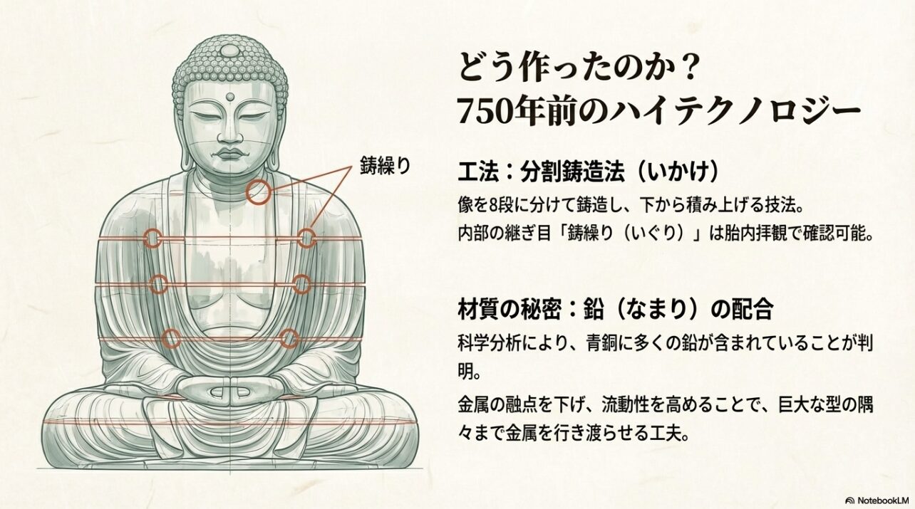 鎌倉大仏の作り方である分割鋳造法（いかけ）と鋳繰りの位置を示した図解