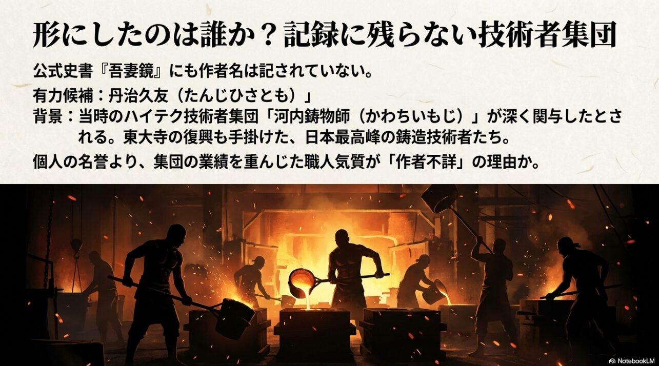 鎌倉大仏を作った河内鋳物師たちと丹治久友による鋳造作業のイメージ