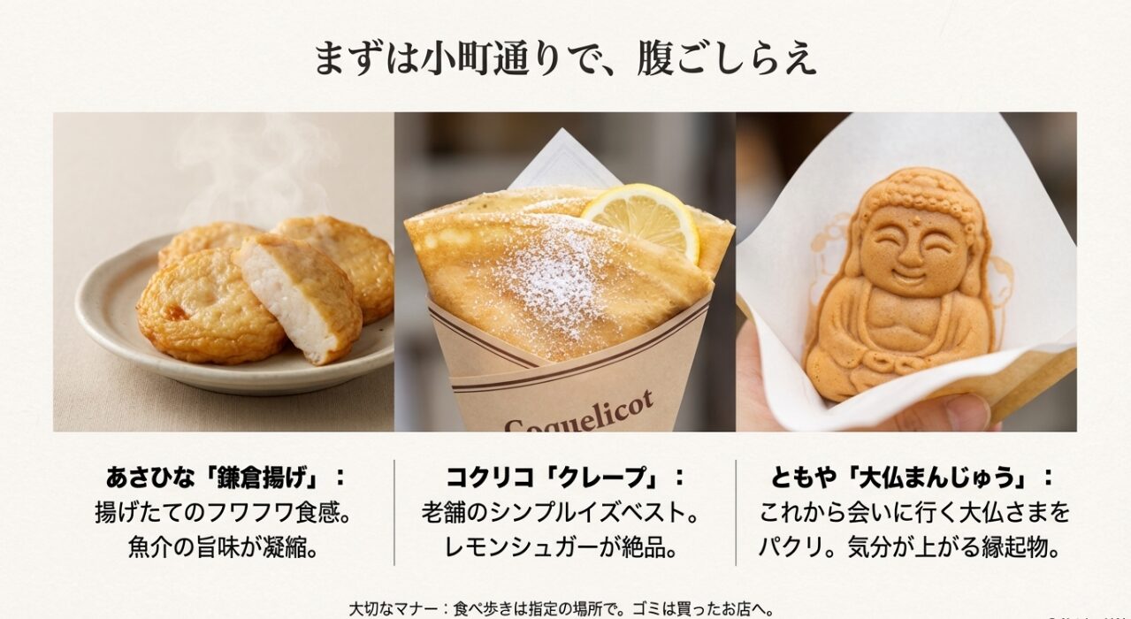 鎌倉揚げ、コクリコのクレープ、大仏まんじゅうの紹介と、食べ歩きマナーについて記載されたスライド。