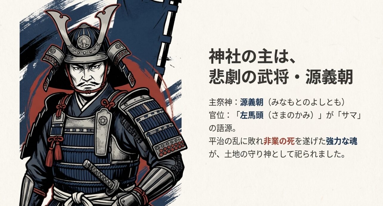 鎧を身にまとった武将のイラストと、主祭神・源義朝、官位「左馬頭」が語源であることを説明するスライド