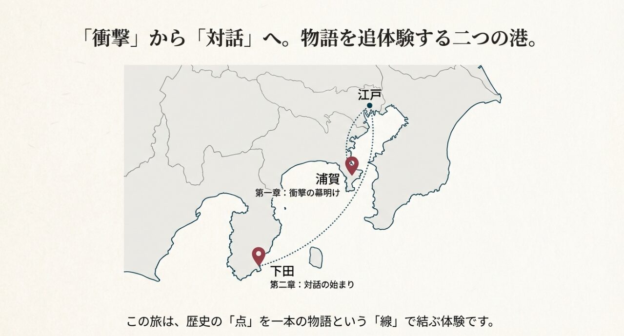 関東・東海地方の地図上に示された浦賀（横須賀）と下田（伊豆）の場所と、旅のルートを示す概念図