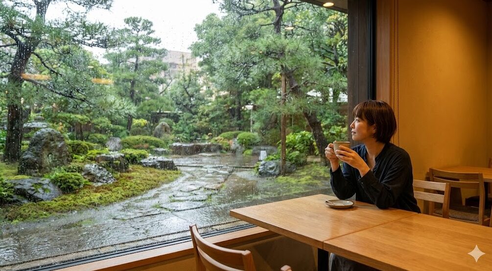 雨に濡れた高砂緑地の庭園を窓越しに眺められる、茅ヶ崎市美術館内の落ち着いたカフェ。
