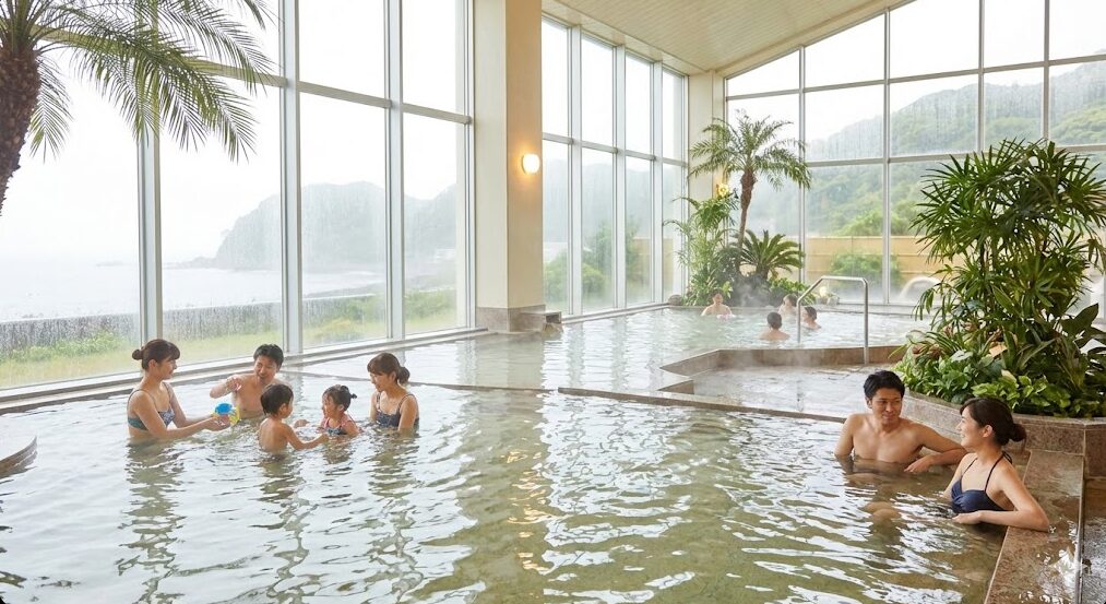 雨の日でも楽しめる、三浦半島の水着で入れる屋内温泉施設でリラックスする家族やカップルの様子。