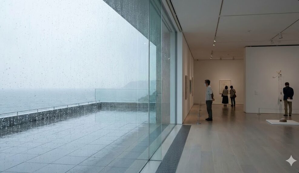 雨の日の神奈川県立近代美術館 葉山館内から、雨に濡れた窓越しに海を眺める来館者の様子