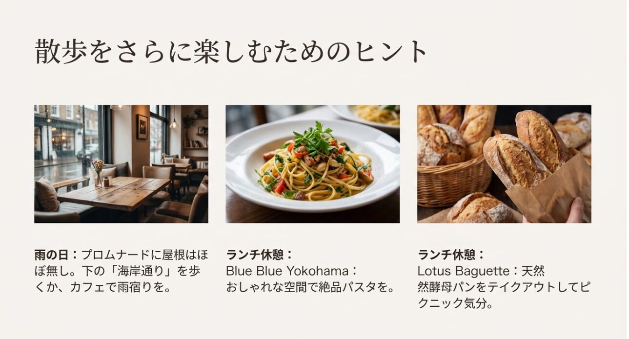 雨天時のルート対策と、Blue Blue YokohamaやLotus Baguetteの店舗情報