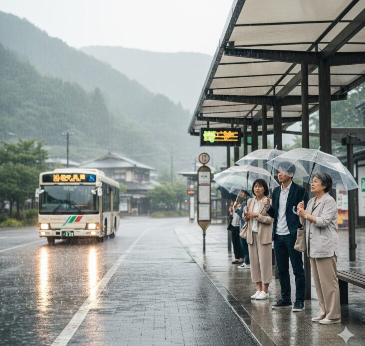 雨天時の箱根のバス停で、傘をさして待つ人々の様子。天候による運休リスクとフリーパスのメリットが低下する状況を表現。