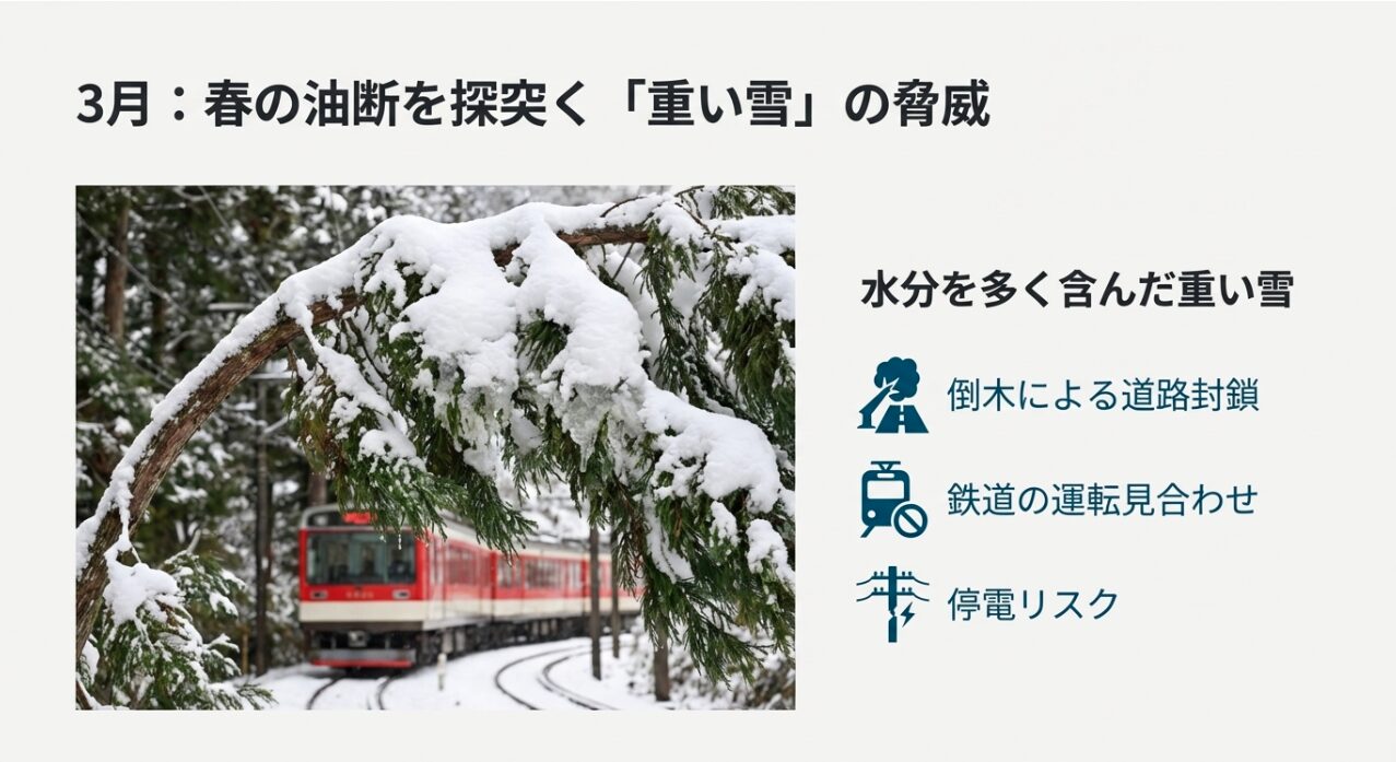 雪の重みでしなる木の枝と、その横を走る箱根登山電車の写真。倒木や停電リスクを警告するテキスト。