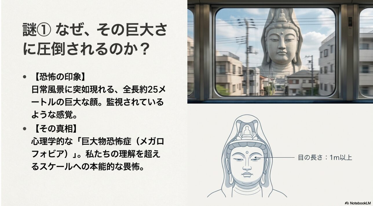 電車の車窓から見える巨大な大船観音の顔。全長約25メートル、目の長さ1メートル以上のスケール感を示す画像。