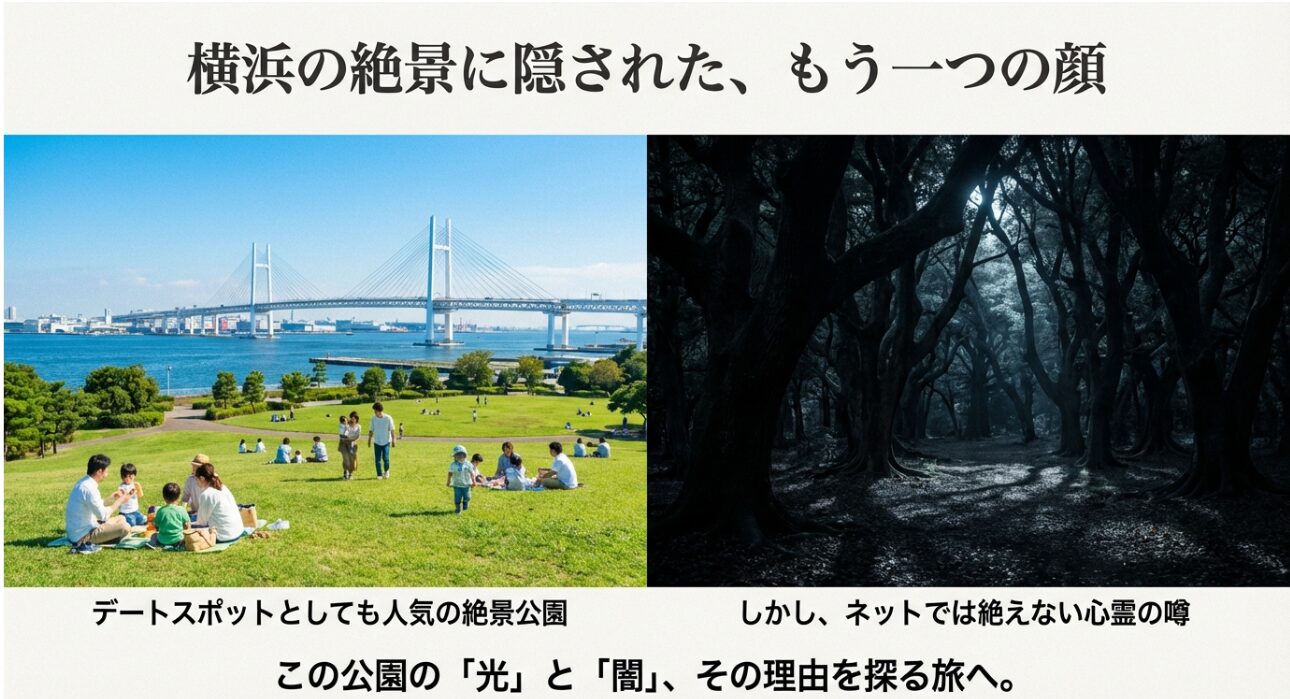 青空の下で横浜ベイブリッジを背景にピクニックを楽しむ家族と、不気味な夜の森のコントラスト