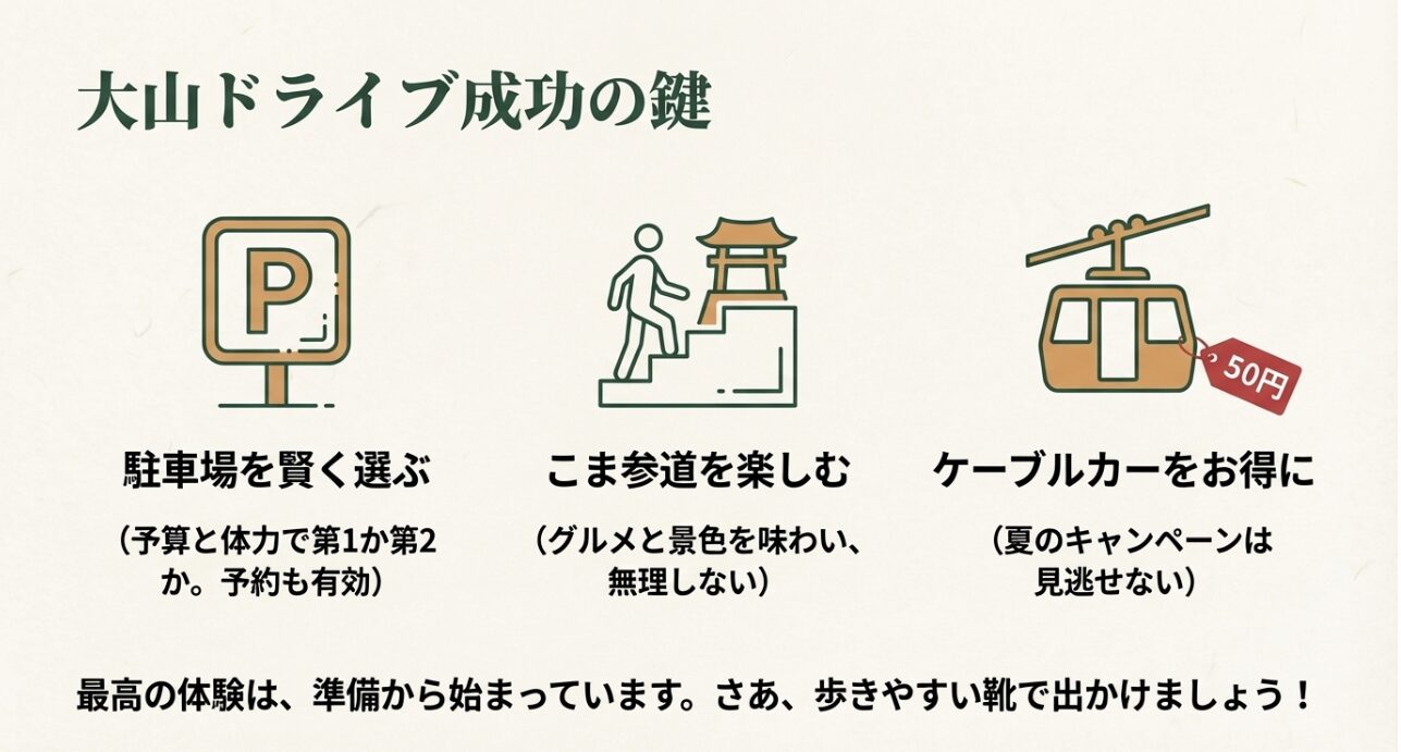 駐車場の賢い選択、こま参道を楽しむ、ケーブルカーのお得な利用という3つのポイントをまとめたスライド