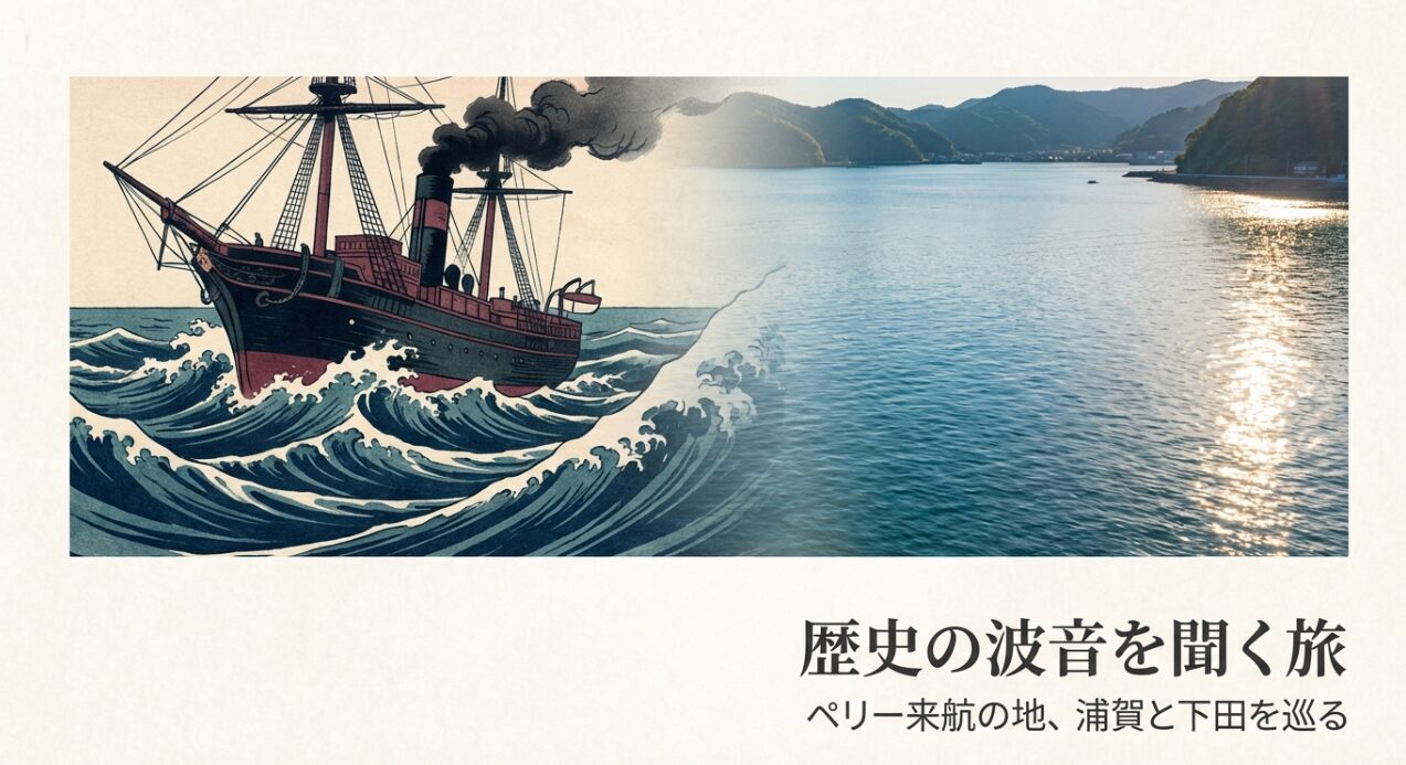 黒船のイラストと現在の静かな港の風景を組み合わせた、浦賀と下田を巡る歴史旅の表紙画像