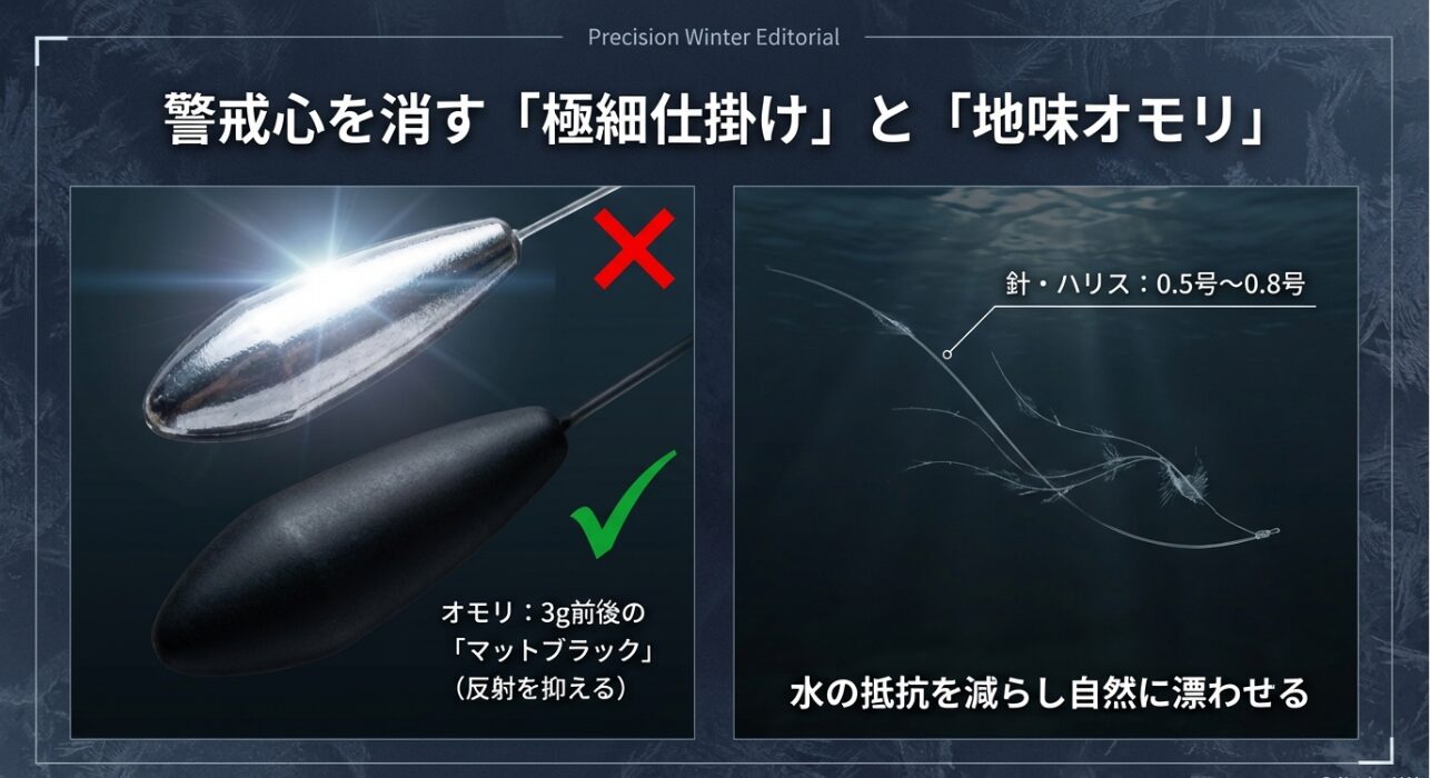 0.5号から0.8号の極細仕掛けと反射を抑えるマットブラックオモリの解説図