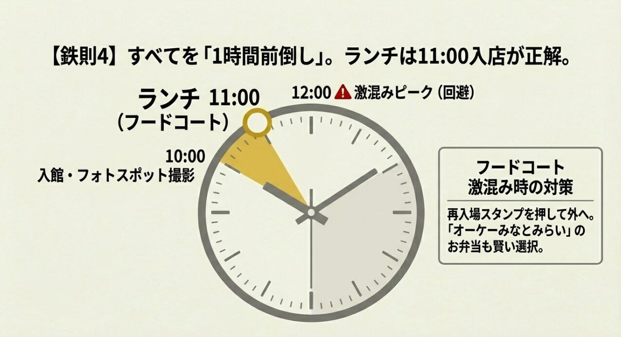 10時入館、11時ランチ（フードコート）という1時間前倒しのスケジュール図。12時の激混みピークを回避する戦略を解説