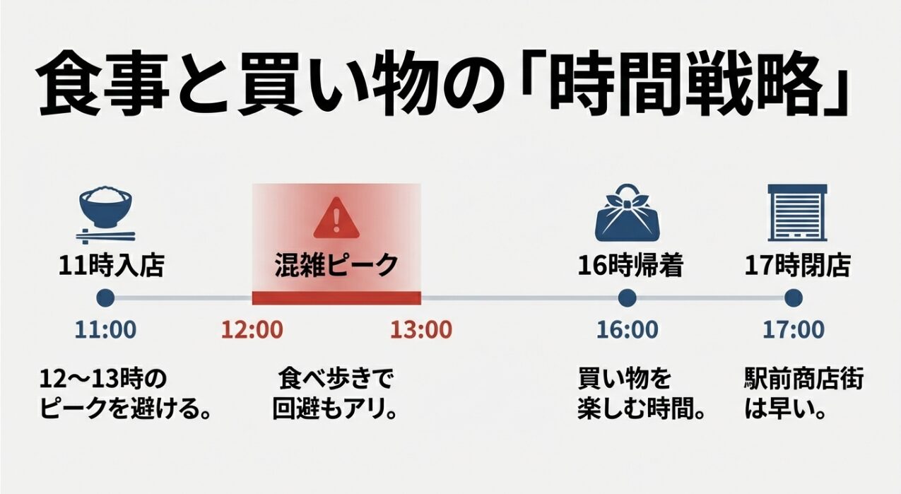 11時の入店推奨、12〜13時の混雑ピーク回避、16時の駅前帰着など、商店街の閉店時間を意識した効率的なタイムスケジュールの図解スライド