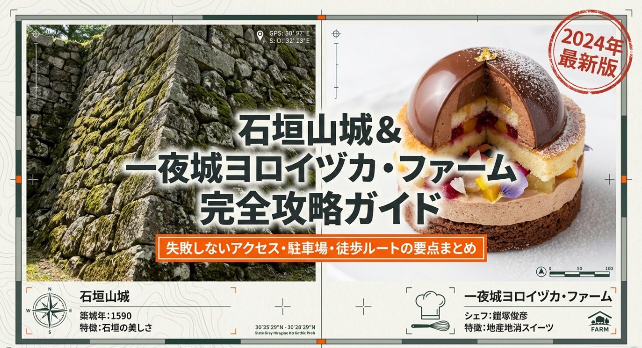 2024年最新版の石垣山城と一夜城ヨロイヅカファームへのアクセス・駐車場・徒歩ルートを解説するスライドの表紙