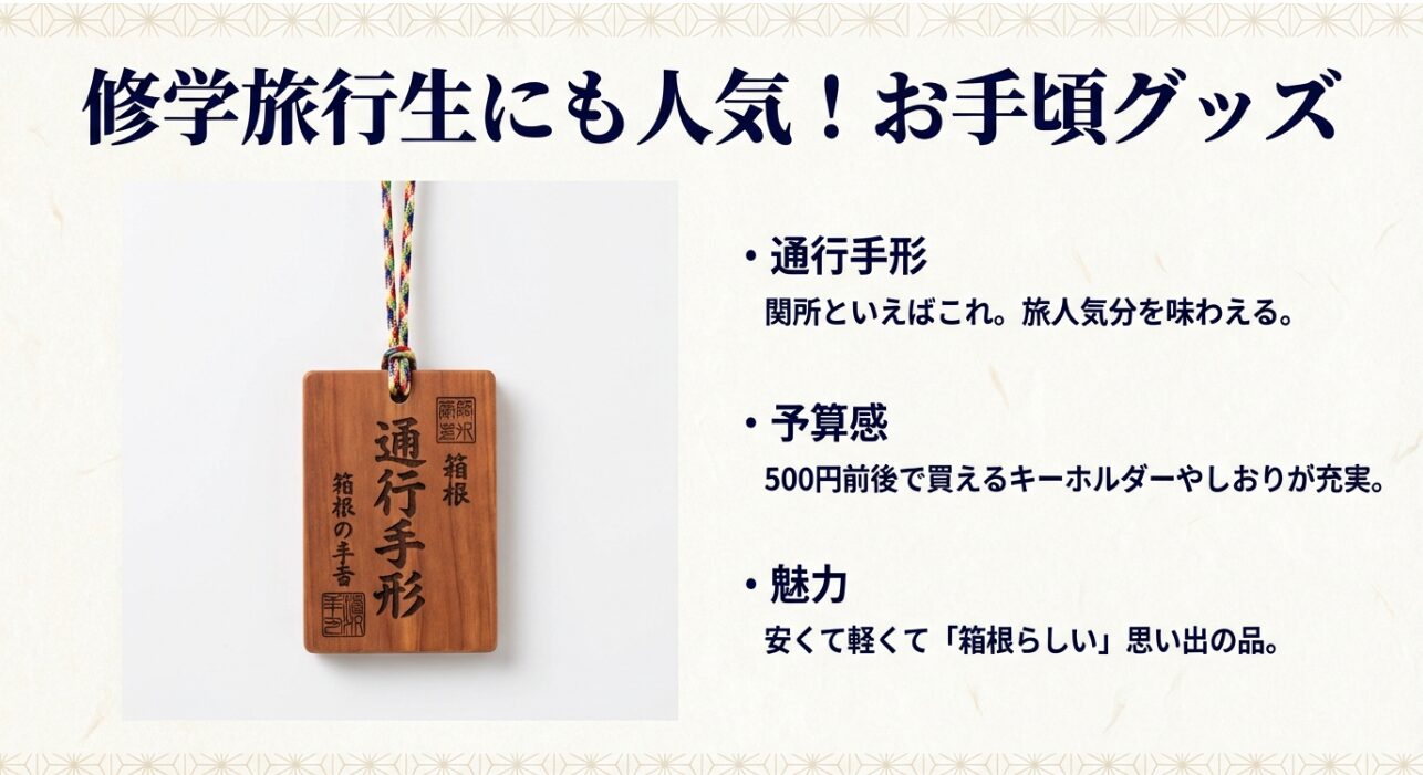 500円前後で購入できる通行手形のレプリカ、キーホルダー、しおりなどの紹介。「安くて、軽くて、箱根らしい」魅力の解説
