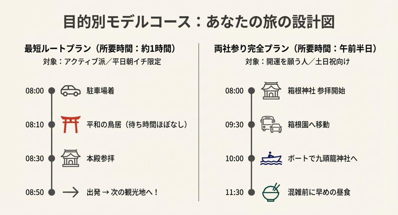 8時に駐車場に到着し、混雑を避けて両社を効率よく参拝する半日モデルコースのタイムスケジュール。