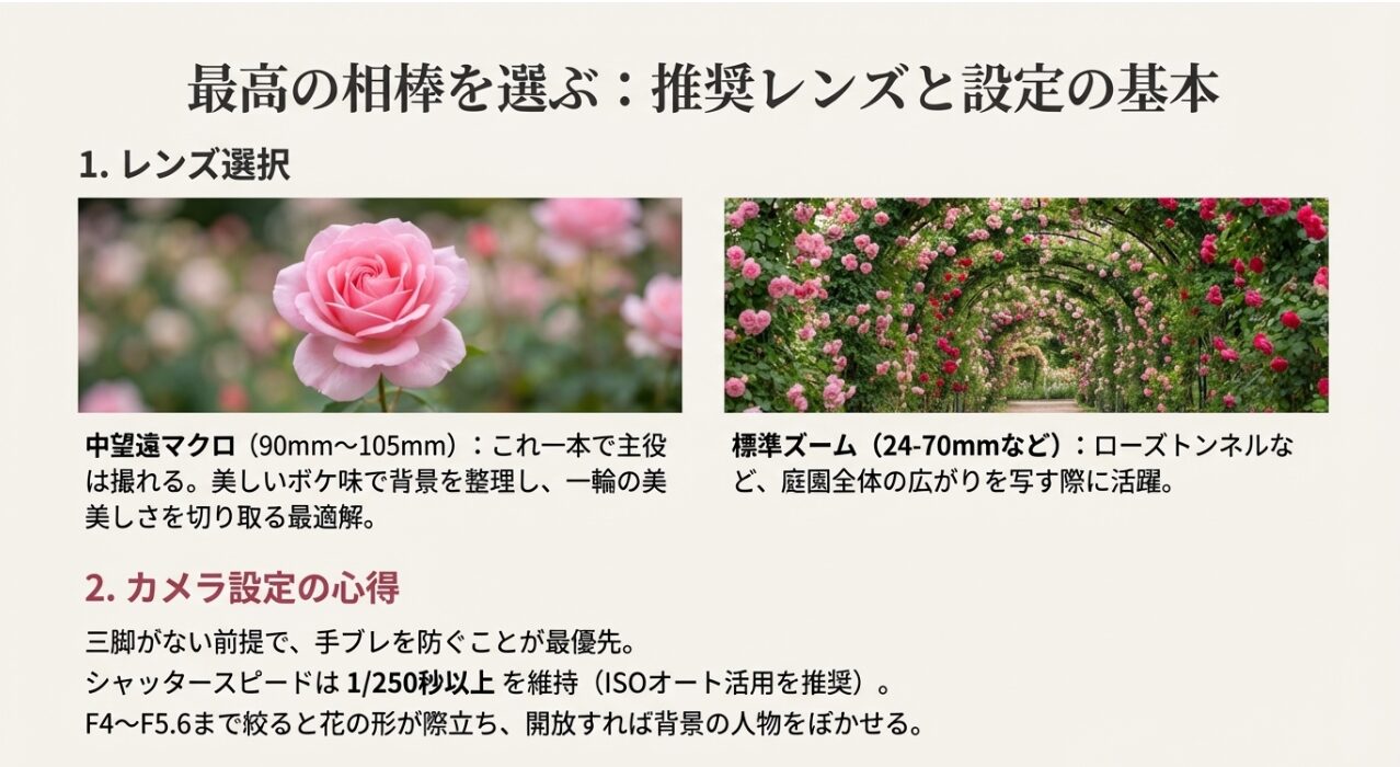 90-105mm中望遠マクロや標準ズームレンズの使い分け、シャッタースピード1250秒以上を推奨する