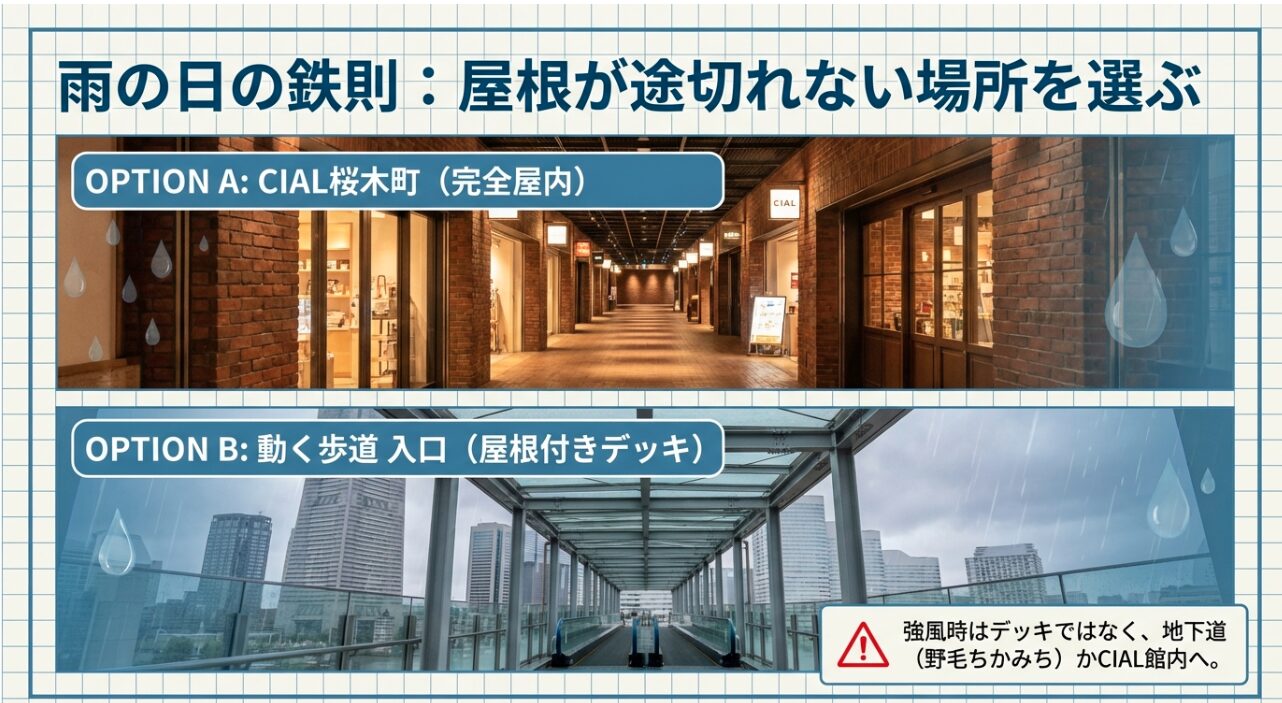 CIAL桜木町や動く歩道入口の屋根付きデッキなど、雨天時に濡れずに合流できる選択肢の紹介