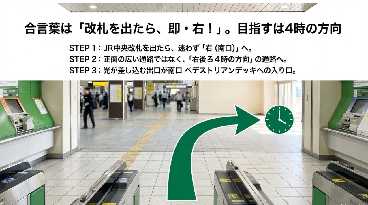 JR中央改札を出て右（南口）へ進み、4時の方向にある通路からペデストリアンデッキへ向かう手順の解説