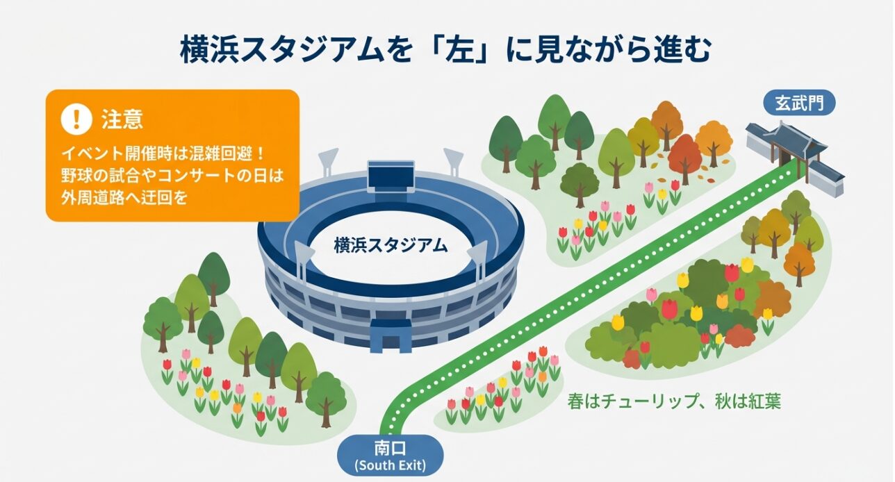 JR関内駅南口から横浜スタジアムを左手に見ながら横浜公園内を進み、玄武門へ向かうルート図