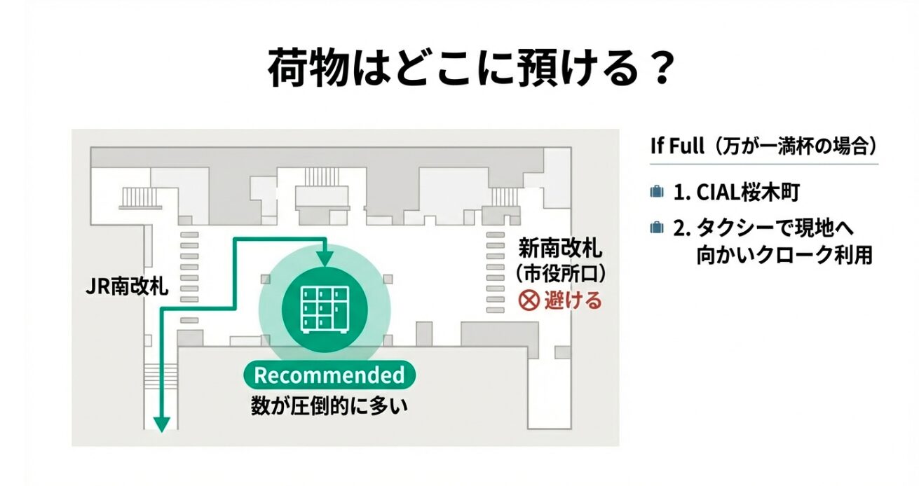 R桜木町駅構内のコインロッカーマップ。南改札側を推奨し、数の少ない新南改札（市役所口）は避けるよう案内する図