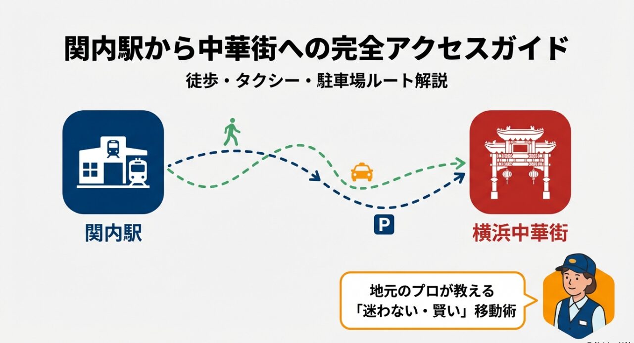 ｊR関内駅から横浜中華街への徒歩、タクシー、駐車場ルートを解説するアクセスガイドの表紙スライド