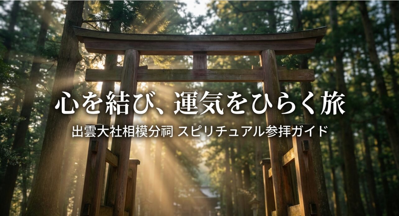 「心を結び、運気をひらく旅」というタイトルと、出雲大社相模分祠のスピリチュアル参拝ガイドの表紙デザイン