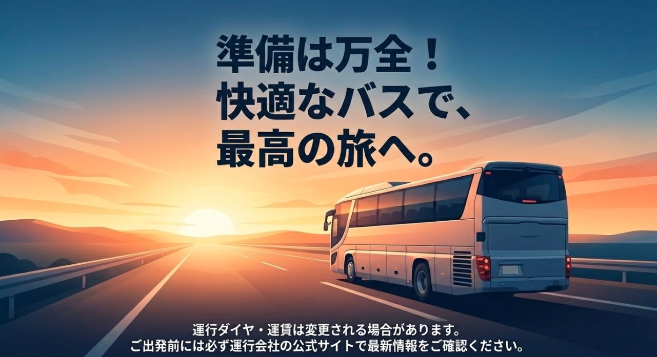 「準備は万全！快適なバスで、最高の旅へ。」というメッセージ 。出発前に公式サイトで最新の運行ダイヤ・運賃を確認することを促す注釈が含まれている