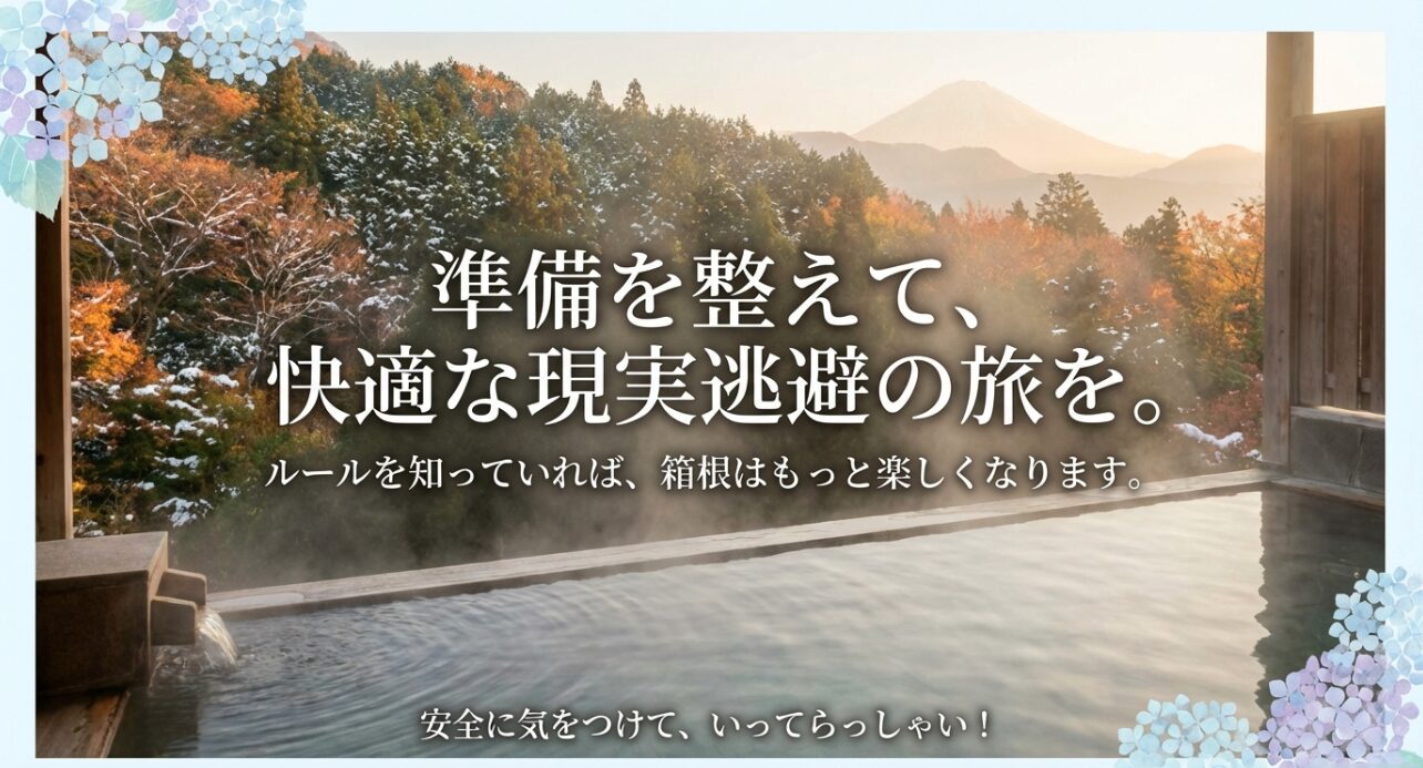 「準備を整えて、快適な現実逃避の旅を。安全に気をつけて、いってらっしゃい！」というメッセージスライド。