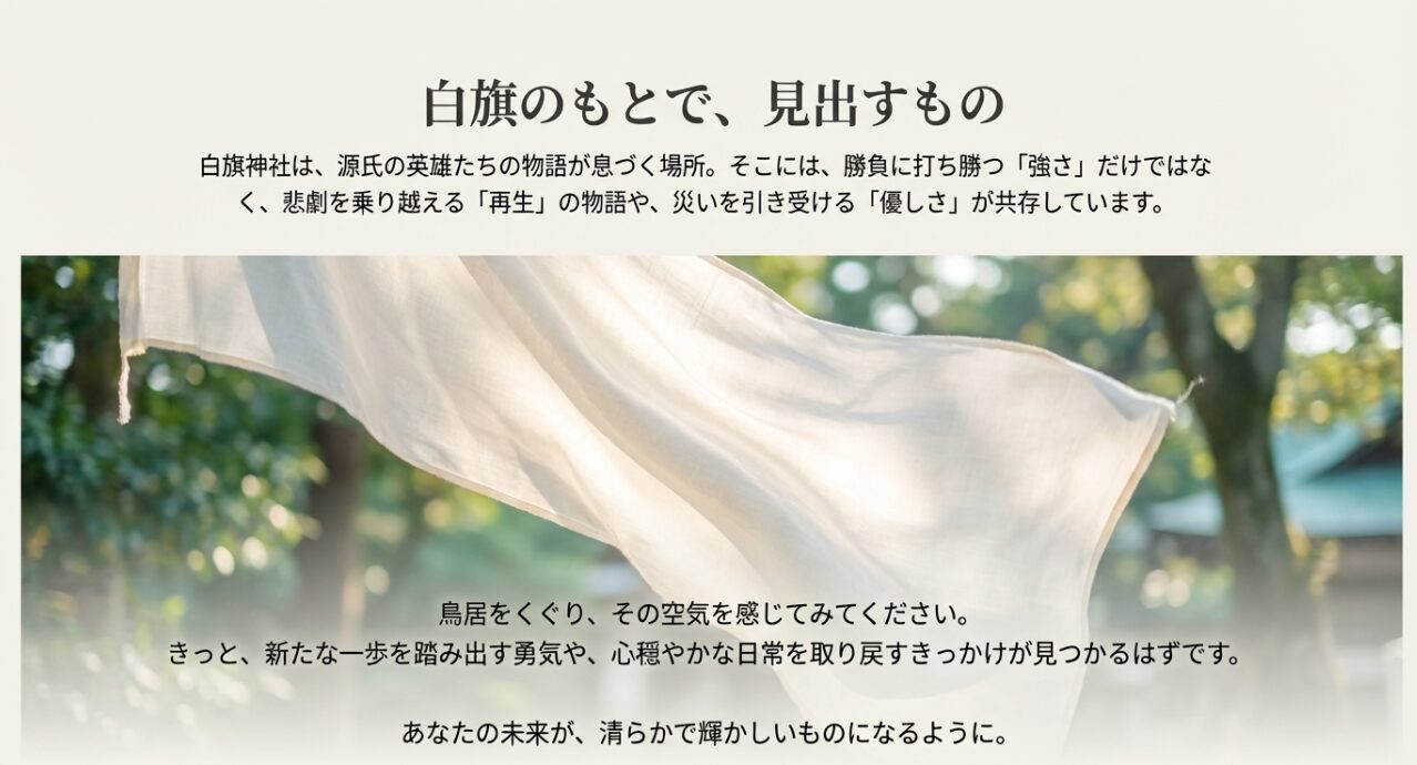 「白旗のもとで、見出すもの」と題し、強さ・再生・優しさが共存する白旗神社の魅力を総括し、参拝者へエールを送るスライド画像 。