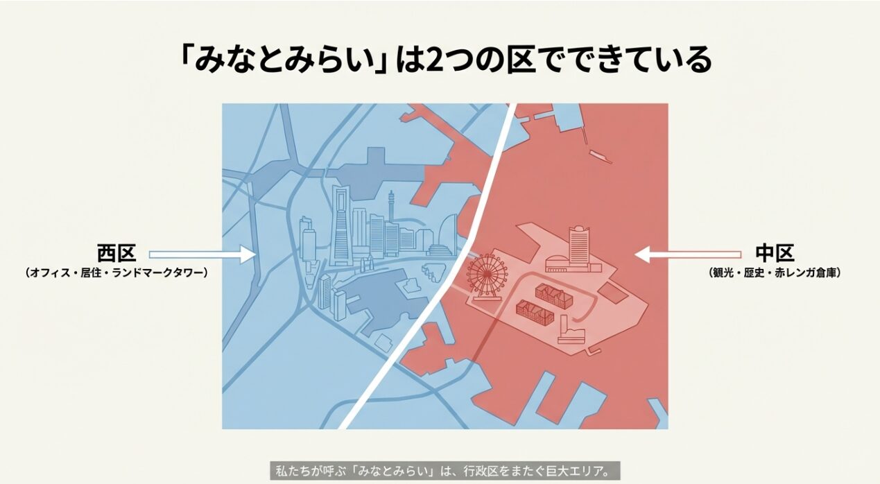 みなとみらいを西区（オフィス・居住・ランドマーク）と中区（観光・歴史・赤レンガ倉庫）に分けたイラストマップ