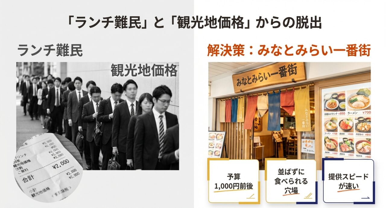 みなとみらい一番街のランチ特徴をまとめたスライド。予算1,000円前後、並ばずに食べられる穴場、提供スピードが速いことを提示している 。