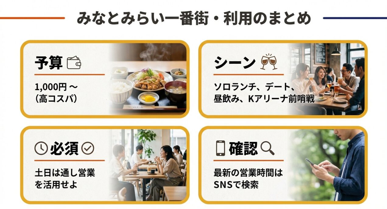 みなとみらい一番街の利用シーンまとめ。ソロランチ、デート、昼飲み、Kアリーナ前哨戦などの推奨シーンと、予算1,000円からであることを記載 。