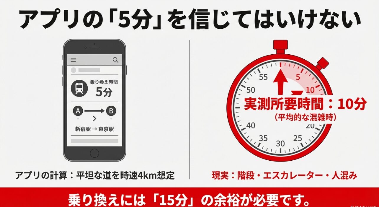 アプリでは5分と表示されるが、混雑時は実測で10分かかり、15分の余裕を持つべきであることを示す比較図。