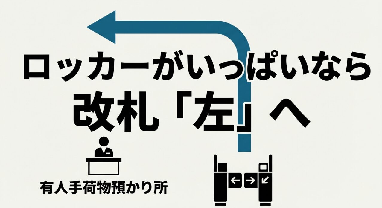 コインロッカーがいっぱいの場合の、改札左側にある有人手荷物預かり所の案内